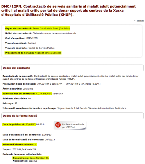 Capio Adjudicacion Contrato CatSalut DMC/12PN Mayo 2013